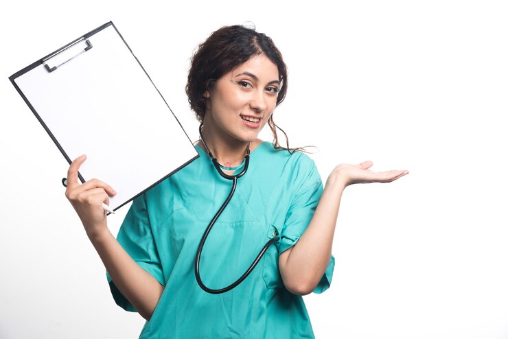 female doctor showing empty clipboard with pen stethoscope white background high quality photo_114579 22865